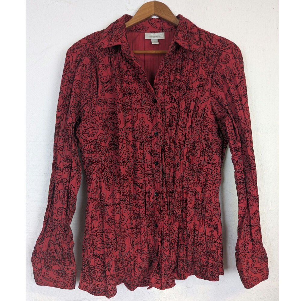 Red Floral Button Up Pleated Front Black Flocked Pattern Romantic Vampire Medium